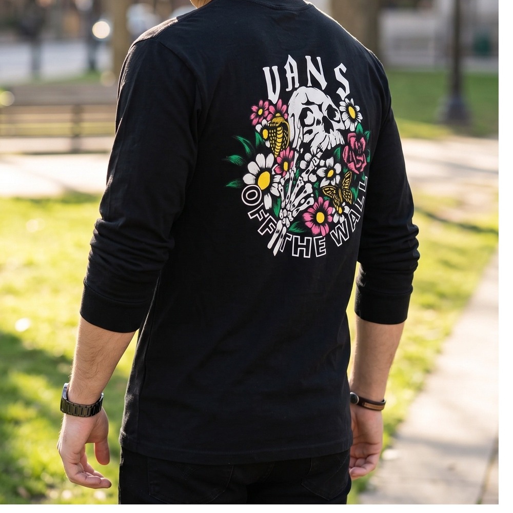 Vans Off The Wall Skull Floral Graphic Long Sleeve T-Shirt Black Mens Small